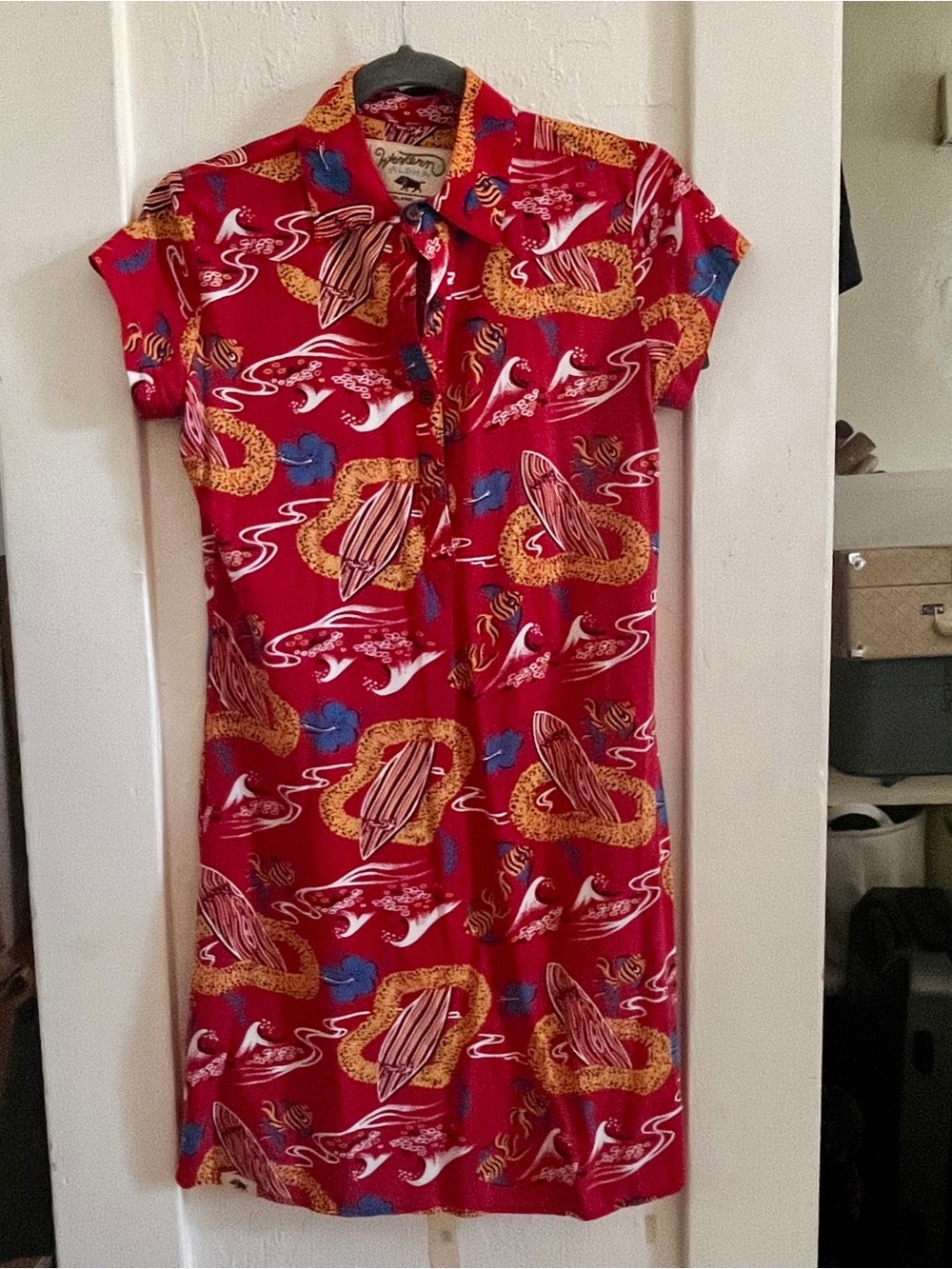 Western Aloha Keoni Surfboard Hawaiian Dress Big Island Red Rayon Pockets XS